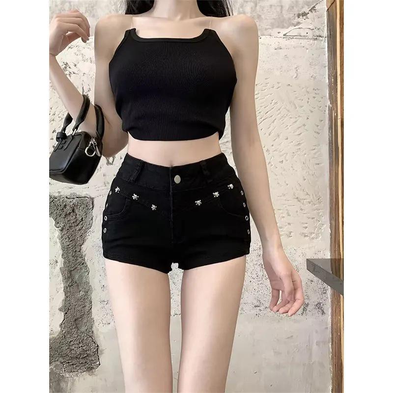 Women's Spicy Black Rivet Denim Ultra-Shorts - Stretchy Low-Waist Slimming Hot Pants