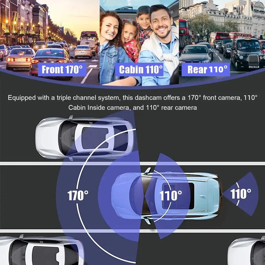 3-channel Wifi dash cam for car, front and rear internal 1080P car DVR, Super