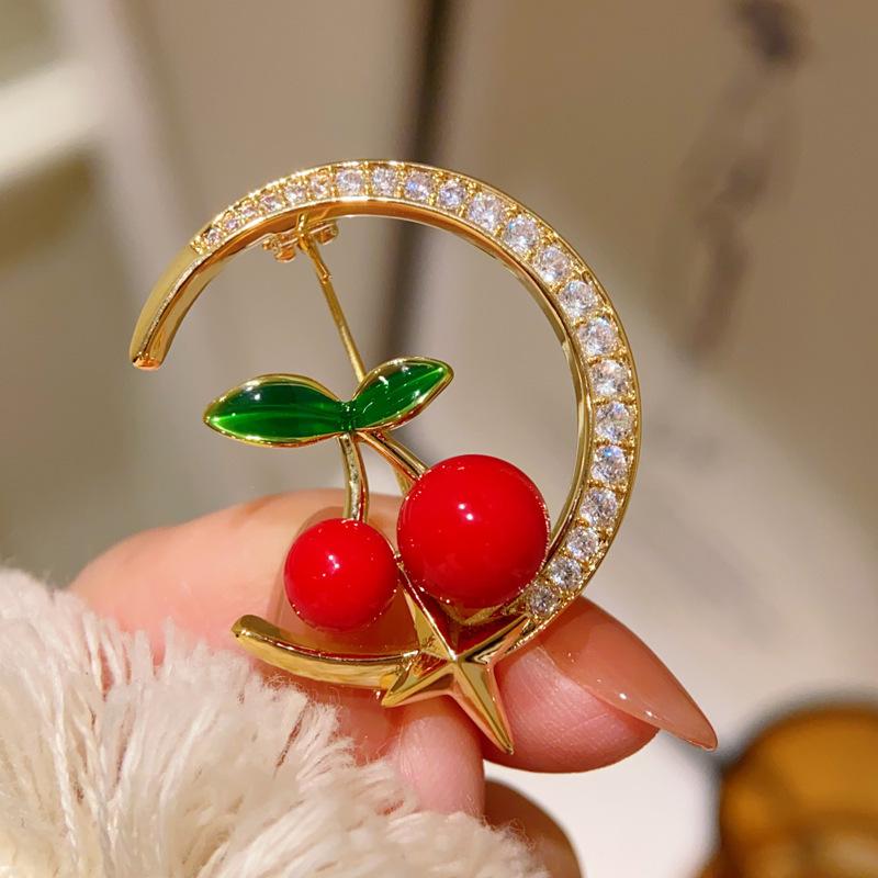 

Cherry Moon Brooch for Girls Women Lovely Cherry Fruit Pins Jewelry Trendy Accessories Birthday Gifts