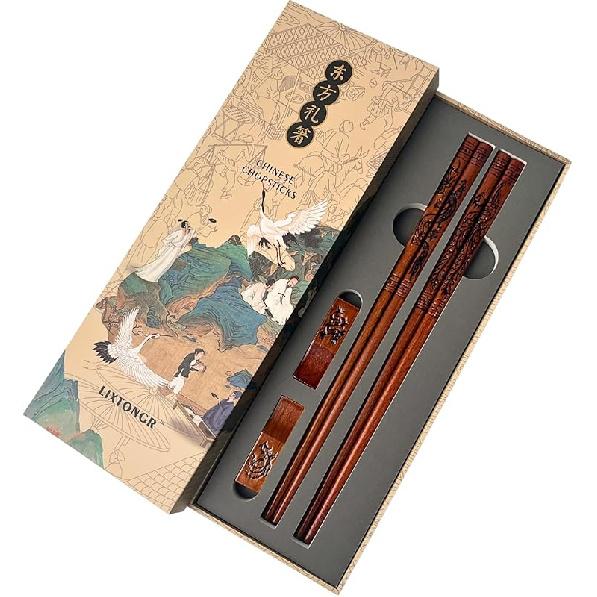 2 Pairs Reble Wooden Chopsticks Set - Hand-Carved Dragon & Phoenix Design Food-Safe Non-Toxic Japanese Korean Chopsticks with Non-Slip Grip Asian A-Dragon & Phoenix