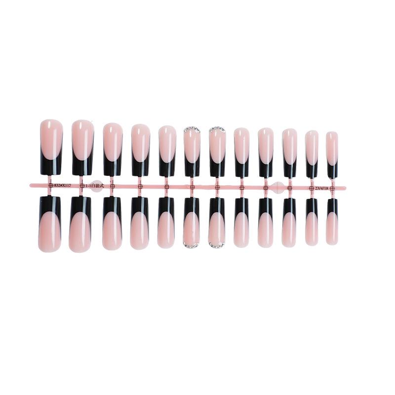 

Черные французские длинные ногти-типсы с кристаллами - Минималистичный стиль, Съемные типсы для нейл-арта (Набор из 24 шт.)