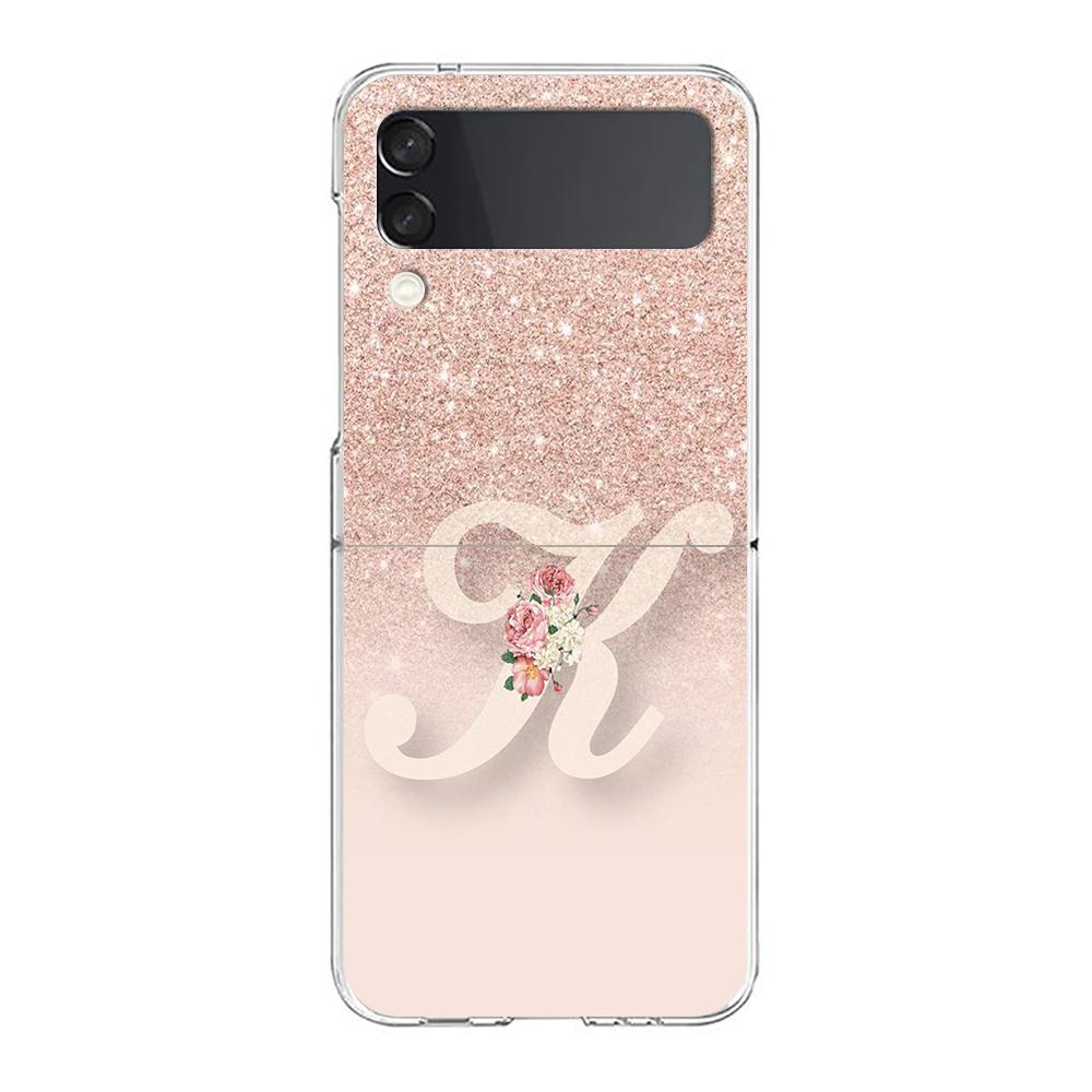 Letter Pink Shiny M R Phone Case For Samsung Galaxy Z Flip 3 4 5 Hard Folding Clear PC Bumper For Samsung Z Flip 6 Cover