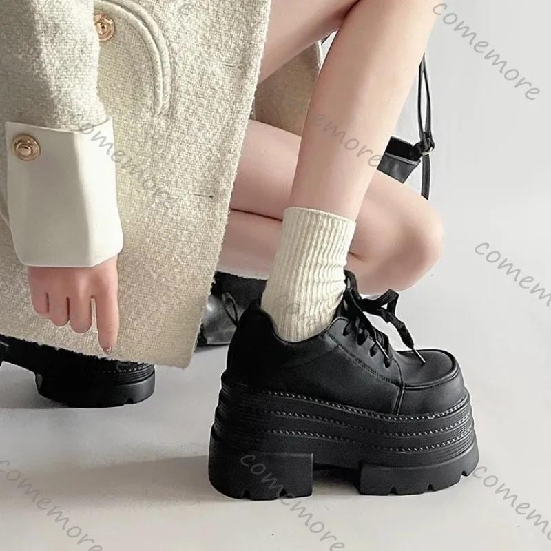 Damskie Grube Buty Klasyczne Czarne Sznurowane Podwyższające Mokasyny Skórzane Codzienne Buty Damskie Mary Jane Gruba Podeszwa Pojedyncze Buty