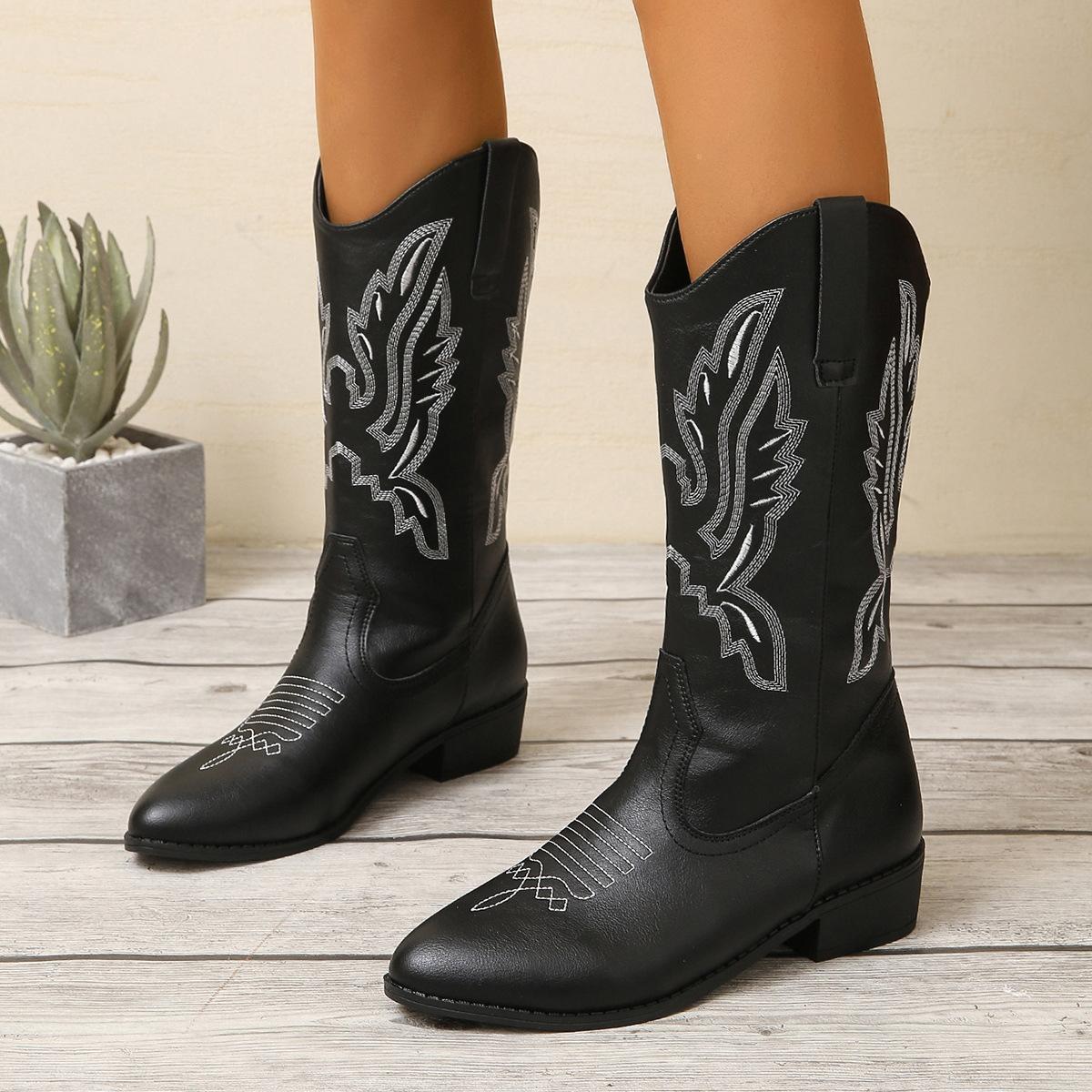 

2025 autumn and winter new embroidered Martin boots thick heel medium boots European and American style, knight boots, western cowboy boots 43 чорний