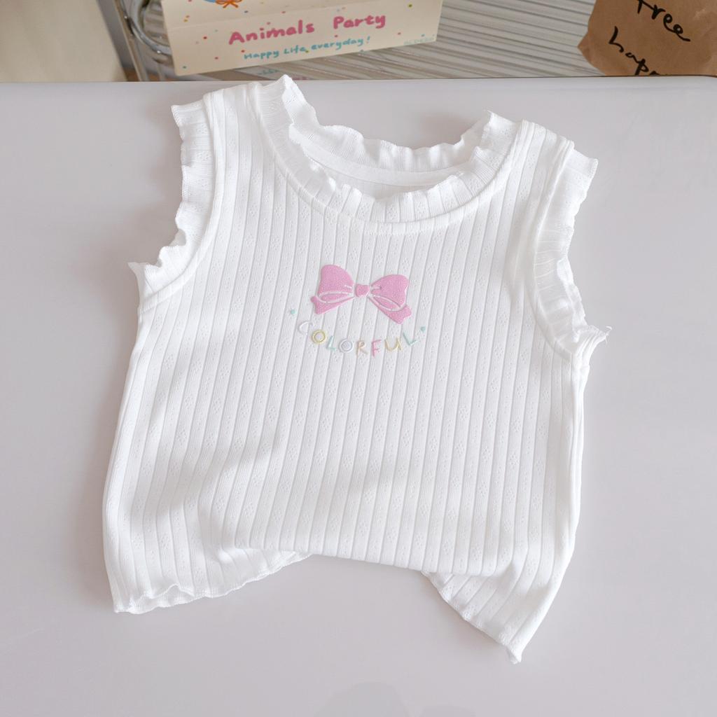 Girls Summer Cartoon Lace Bow Sleeveless T Shirt Candy Stylish Outer Wear Top For Kids