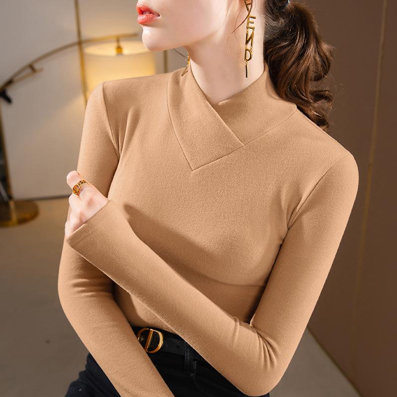 Bottom Shirt Women's Autumn and Winter New Foreign-style Overlapping V-neck Top with Warm Long-sleeved T-shirt Top