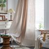 Cotton Embroidered Striped Curtain With Fringe Trim Semi-Sheer Kitchen Living Room Bay Window Modern Farmhouse Style