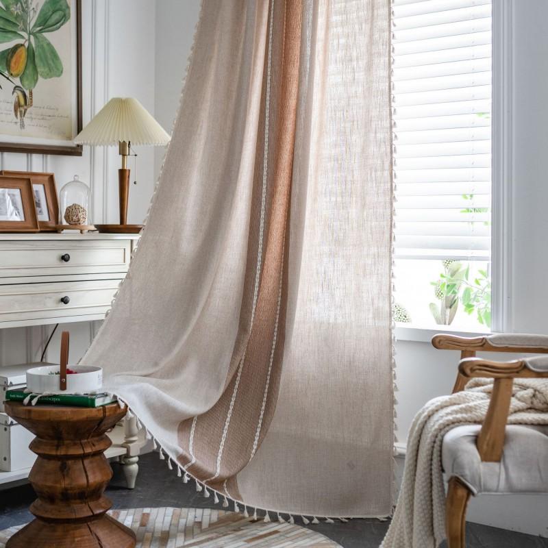 Cotton Embroidered Striped Curtain With Fringe Trim Semi-Sheer Kitchen Living Room Bay Window Modern Farmhouse Style