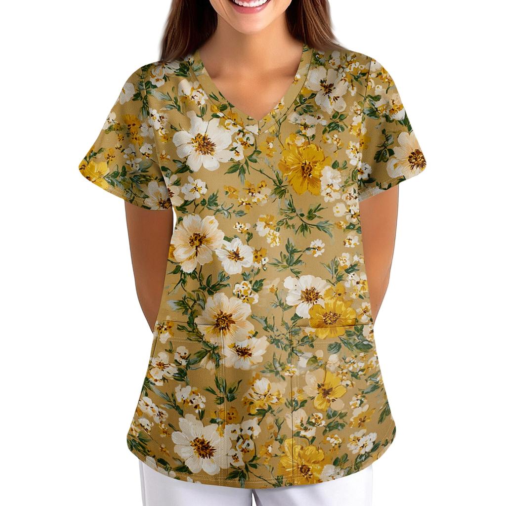 Top da Lavoro Stampato da Donna con Scollo a V, Vestibilità Larga, Manica Corta, con Tasca, Fantasia Floreale, Leggero, Camicia da Uniforme per Infermieri