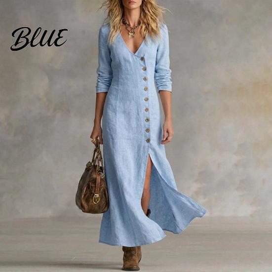 Polyester Summer Dress Women's Side Slit Long Dress Casual Button Down V Elegant Simple Neck Bodycon Sleeve Beach Vacation Sundress Versatile Day