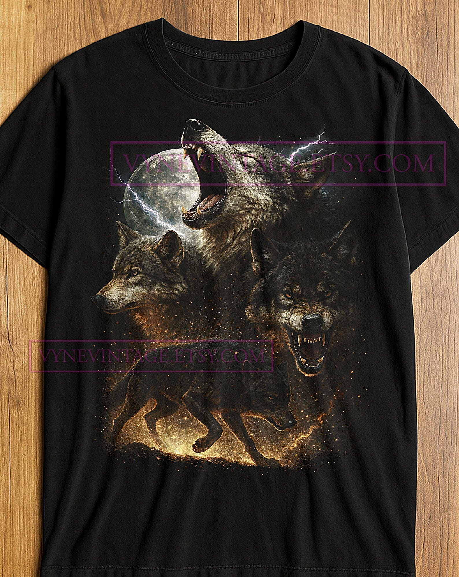 The Wild Moon Wolves T-Shirt, Lightning Chaos Sparkling Realism Graphic Tee, Wolf Pack Power Shirt, Vintage Nature Shirt L