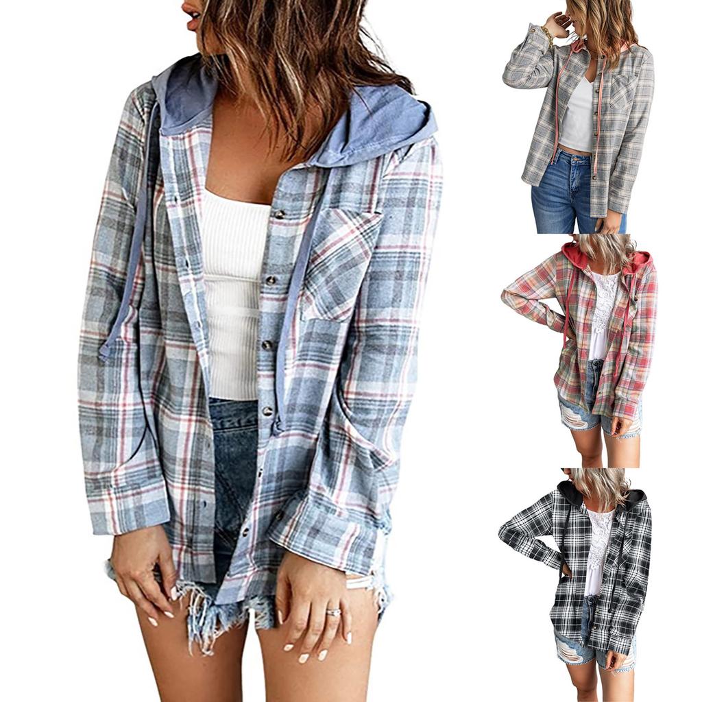 Fashion Women's Printed Casual Hooded Breasted Long Sleeved Shirt Coat