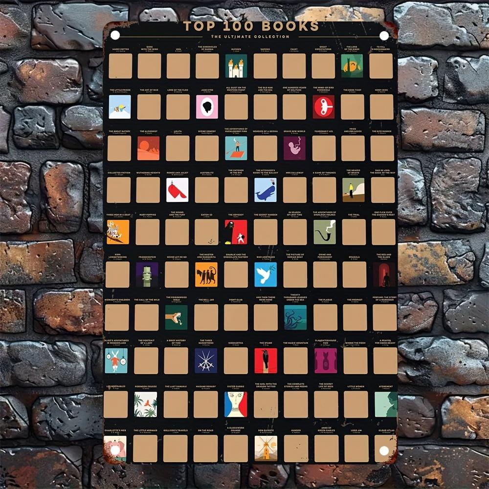 20.32cm X 30.48cm "Front 100 Books" Scratch-Off Poster - Vintage Iron Wall Art with Colorful Bookshelf Design & Literary Illustr