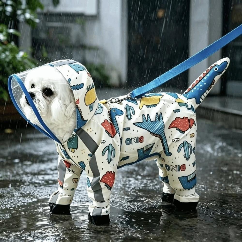 Windproof Dog Hooded Raincoat Cartoon Dinosaur Pattern Removable Tail Cover Pet Waterproof Cloak with D-ring Dog Rain Cloak