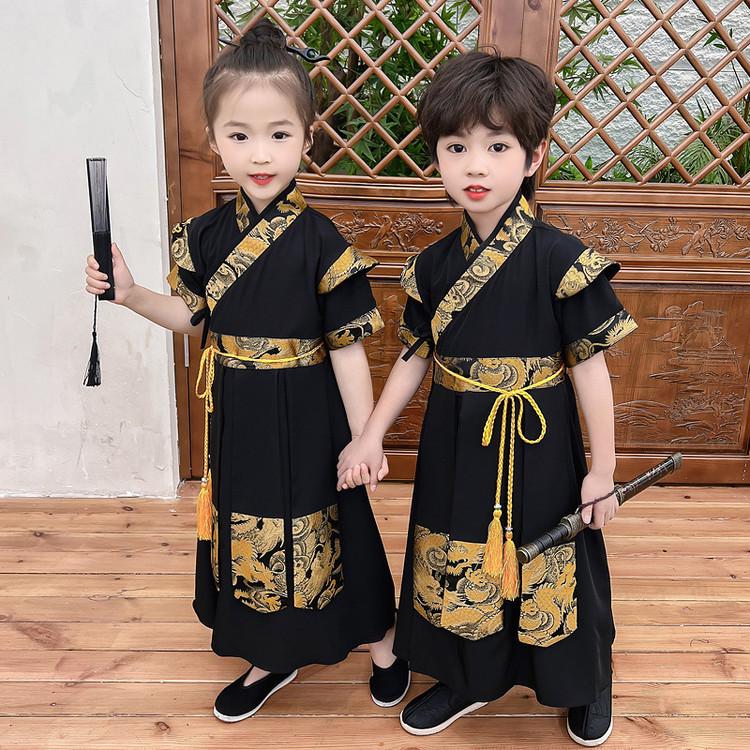Boys' Summer Tang Suit: Short Sleeve Hanfu Long Shirt, Chinese Style Knight Robe for Kids
