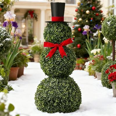 Christmas Boxwood Topiaries with Red Bow Santa Hat Snowman Topiary Faux Plant for Indoor Outdoor Home Porch Yard Holiday Decor