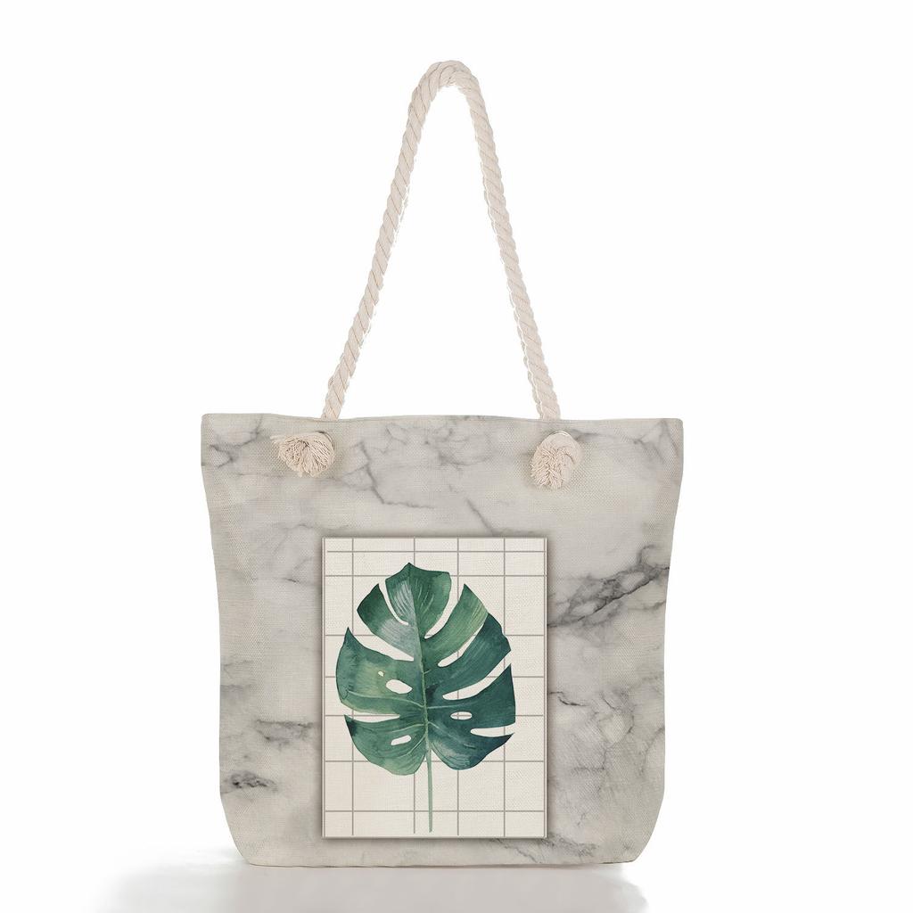 Marble green leaves print thick rope single-shoulder beach bag 7273 CLE