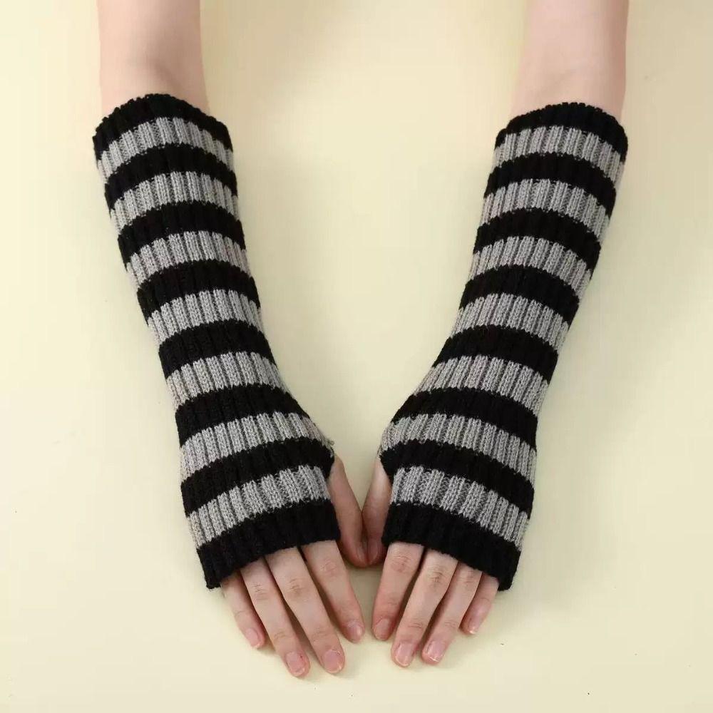 Long Striped Knitted Arm Sleeves Lolita Arm Warm Gloves Arm Cover Long Fingerless Gloves JK