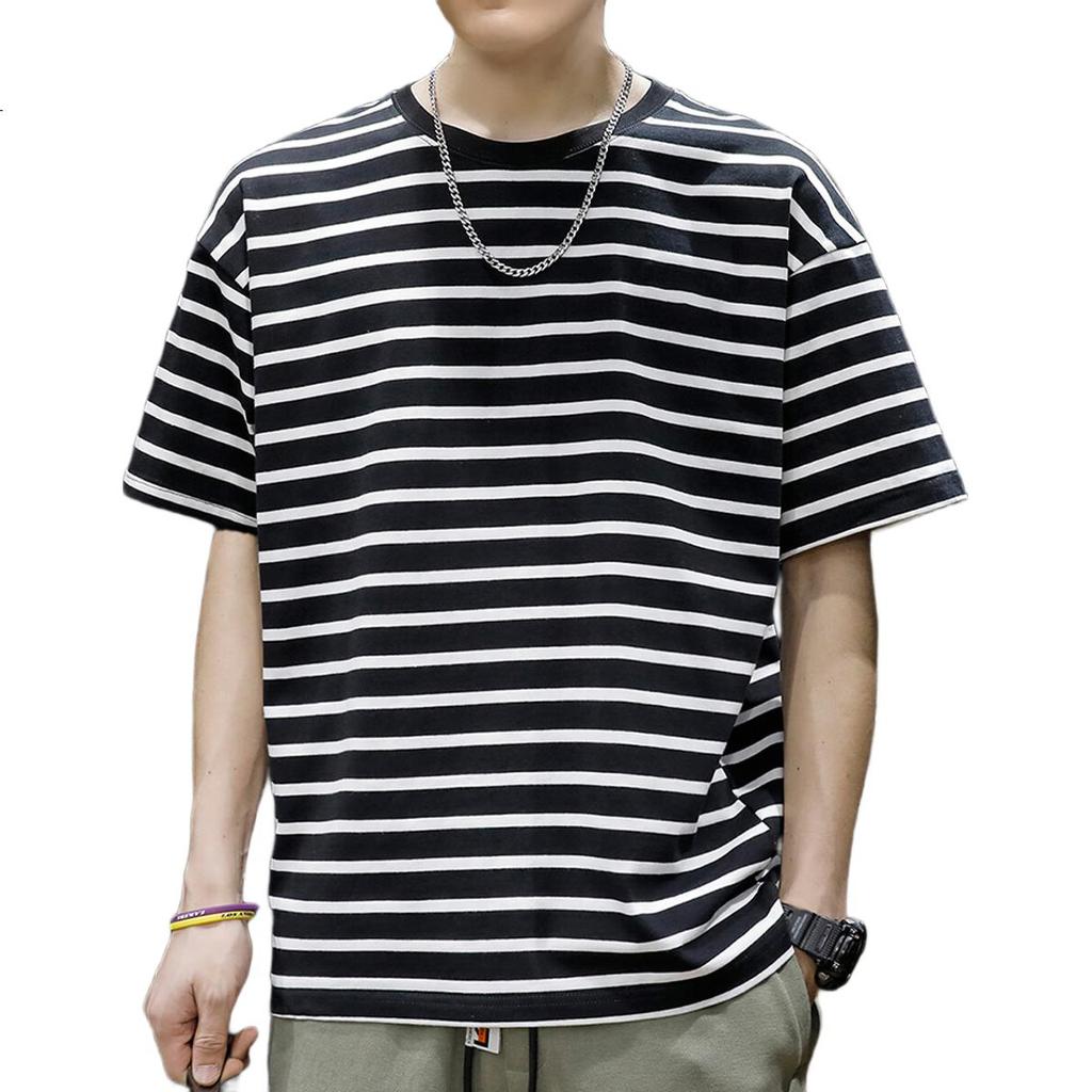 TonLion 2025 Summer Men's Left Chest Small Logo Striped Short-Sleeve T-Shirt, S, Black