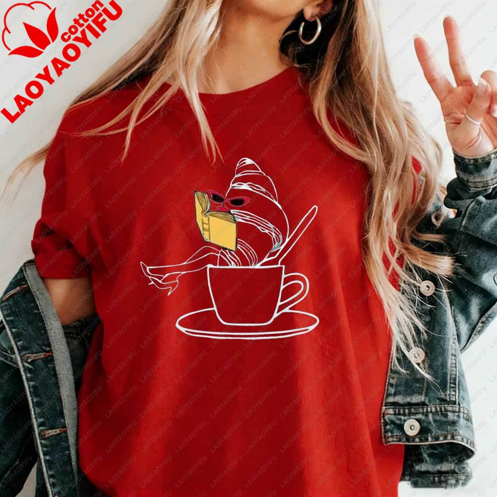 Funny Croissant Coffee Graphic TShirt for Women Cute Cartoon Food Meme Cotton Tshirt Summer Casual Tops Meme Streetwear Shirts