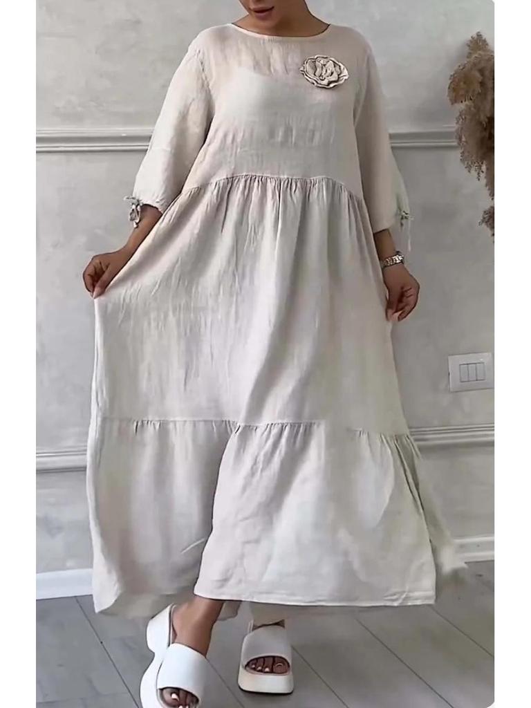 2024 European/American Women's Casual Dress: Round Neck, Long Sleeve, Drawstring, Back Tie, Solid Color