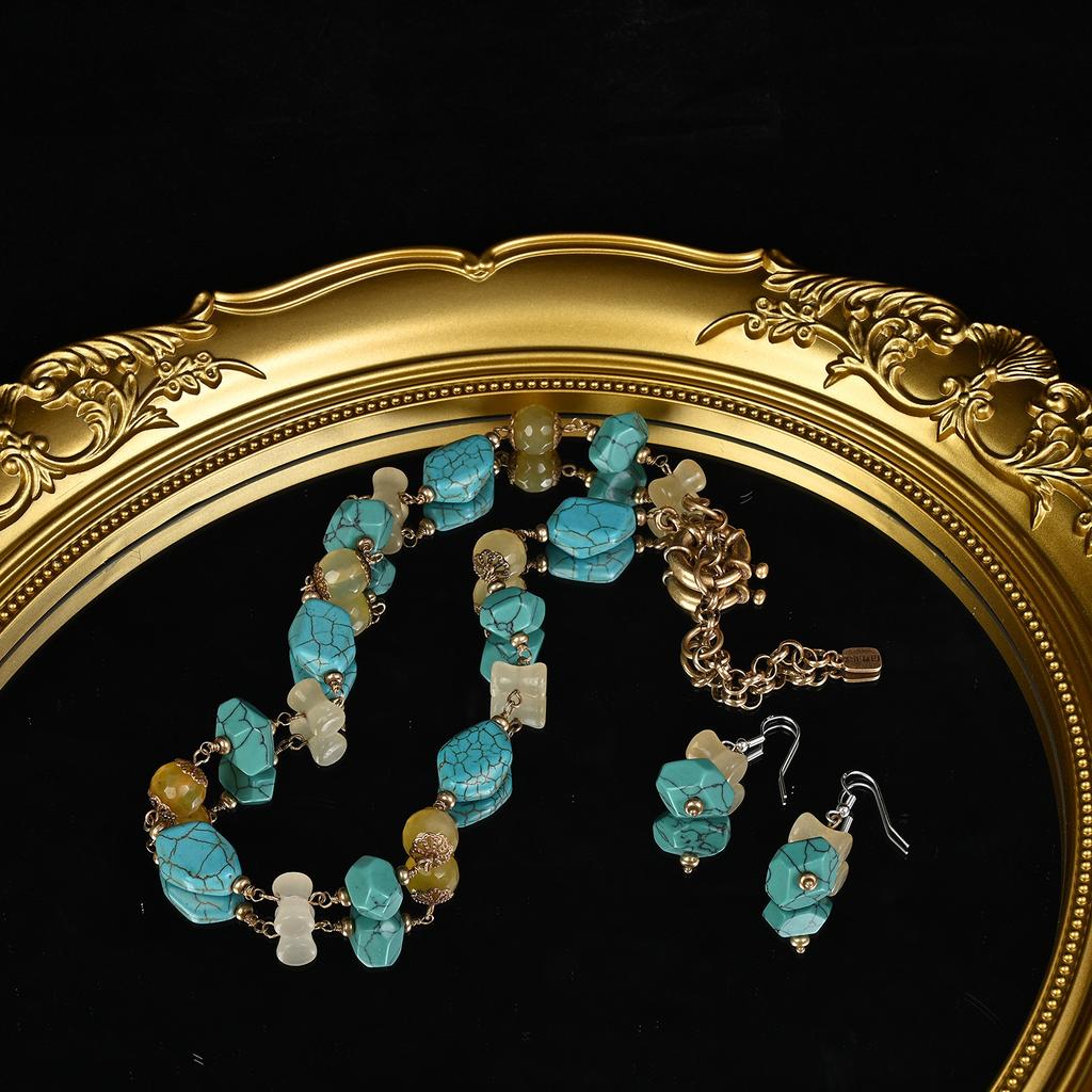 Vintage French Earrings, Turquoise Natural Gold Silk Jade Spacer Beaded Personality Temperament Irregular Earrings Necklace Women