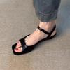 Soft Leather Version~ French Retro Simple Soft Leather One-word Buckle Sandals Women's New Versatile Low-heeled Hollow Roman Shoes