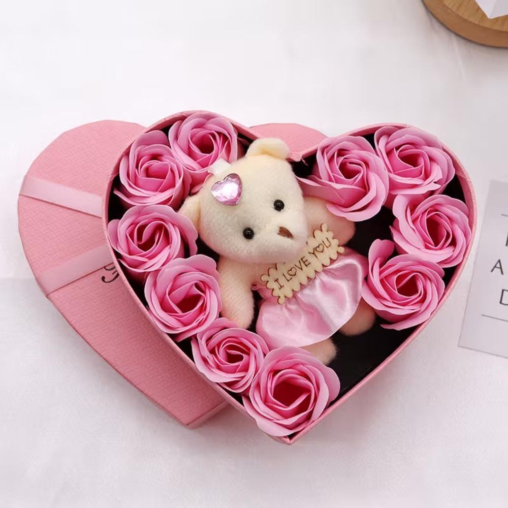 Rose Flower Gift Box with Bear Heart Shape Gift Box for Valentines Day Mothers Day Wedding Home Party Decor Artificial Flowers