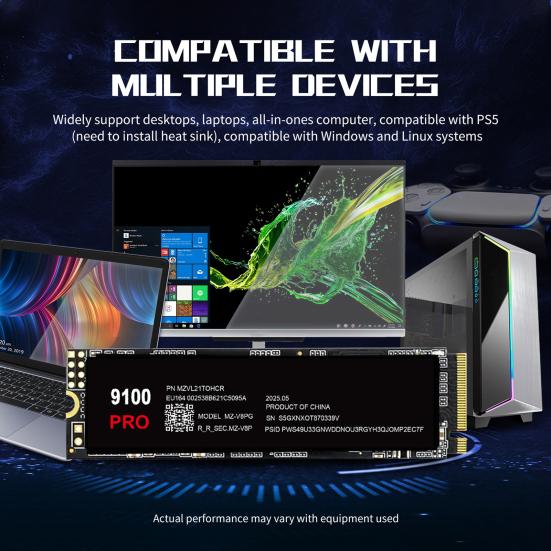 9100 PRO M.2 SSD PCIe 4.0 NVMe TLC SSD High Transfer Speed 1TB/2TB/4TB Internal Solid State Drive for Gamer Technician