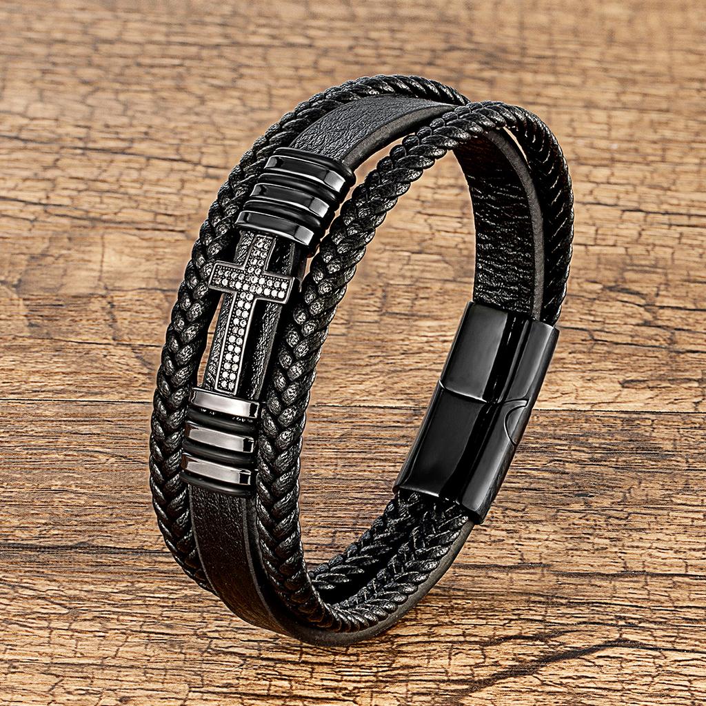 Klassischer Jesus Kreuz Anhänger Zirkonia Herren Armband Schwarzes Geflochtenes Lederseil Kette Armbänder für Frauen Edelstahl Schmuck