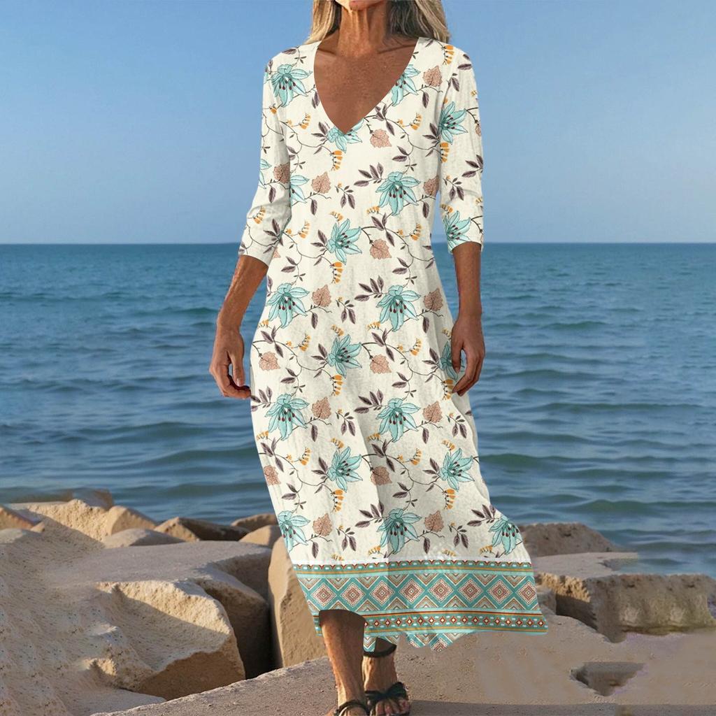 Dresses For Womens Vintage Print Tunic Waisted Midi Dress Summer Casual 3/4 Sleeve Dress