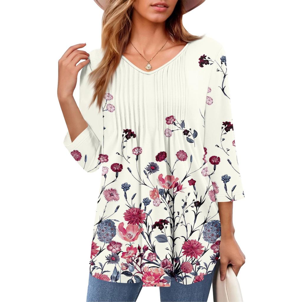 ქალის ტოპები V-კისრით, სამი მეოთხედი სახელოებით, ზოლიანი, პლისირებული, ყოველდღიური, საზაფხულო, მოდური პერანგი ტოპი