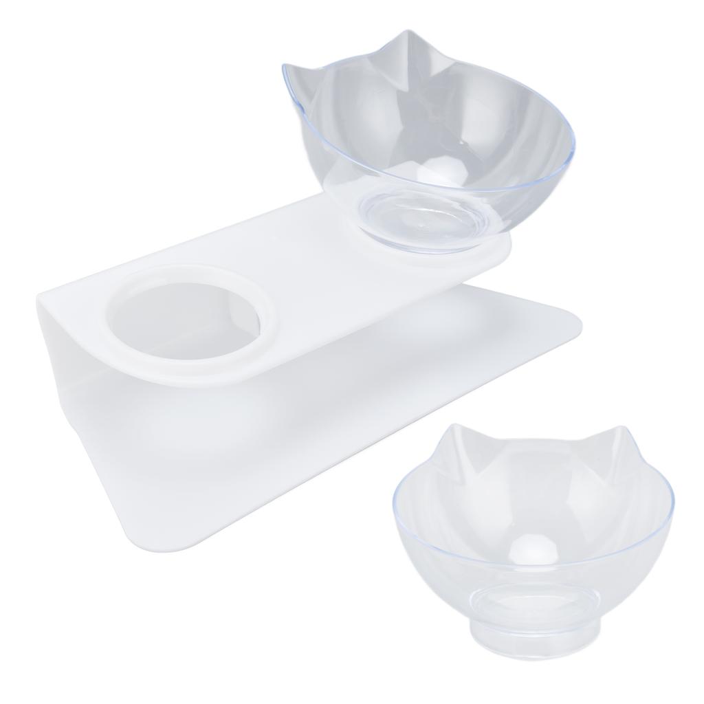 15 degrees  Inclined Cat Double Bowl Neck Guard Pet Feeding Bowl for Home Pet Shop Living Room(White Base Transparent
