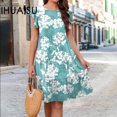 Summer Spring O-Neck Knitted Printed Cake Fly Sleeve Casual Short Sleeve Loose Dress