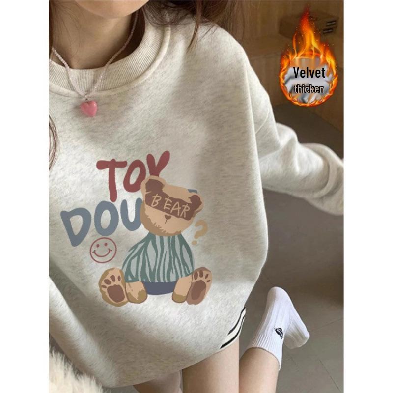 Women's Fleece-Lined Sweatshirt: Cartoon Cat, White & Gray, Long Sleeve, Round Neck, Autumn/Winter 2025 Style