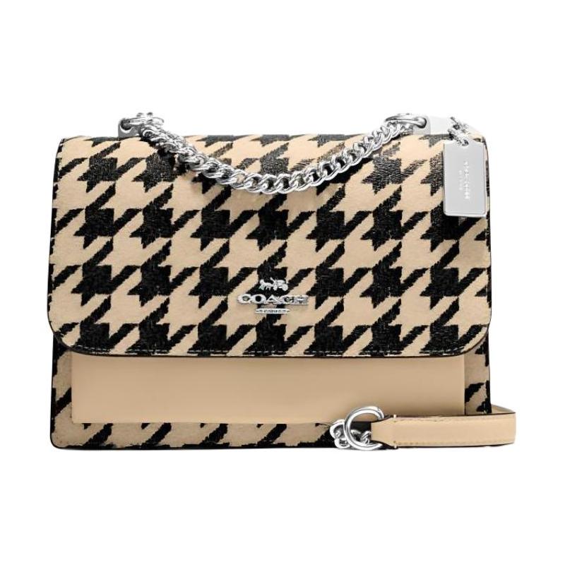 COACH Klare 22 gold letter logo logo printed plaid chain flap leather crossbody bag small size women s milk tea color