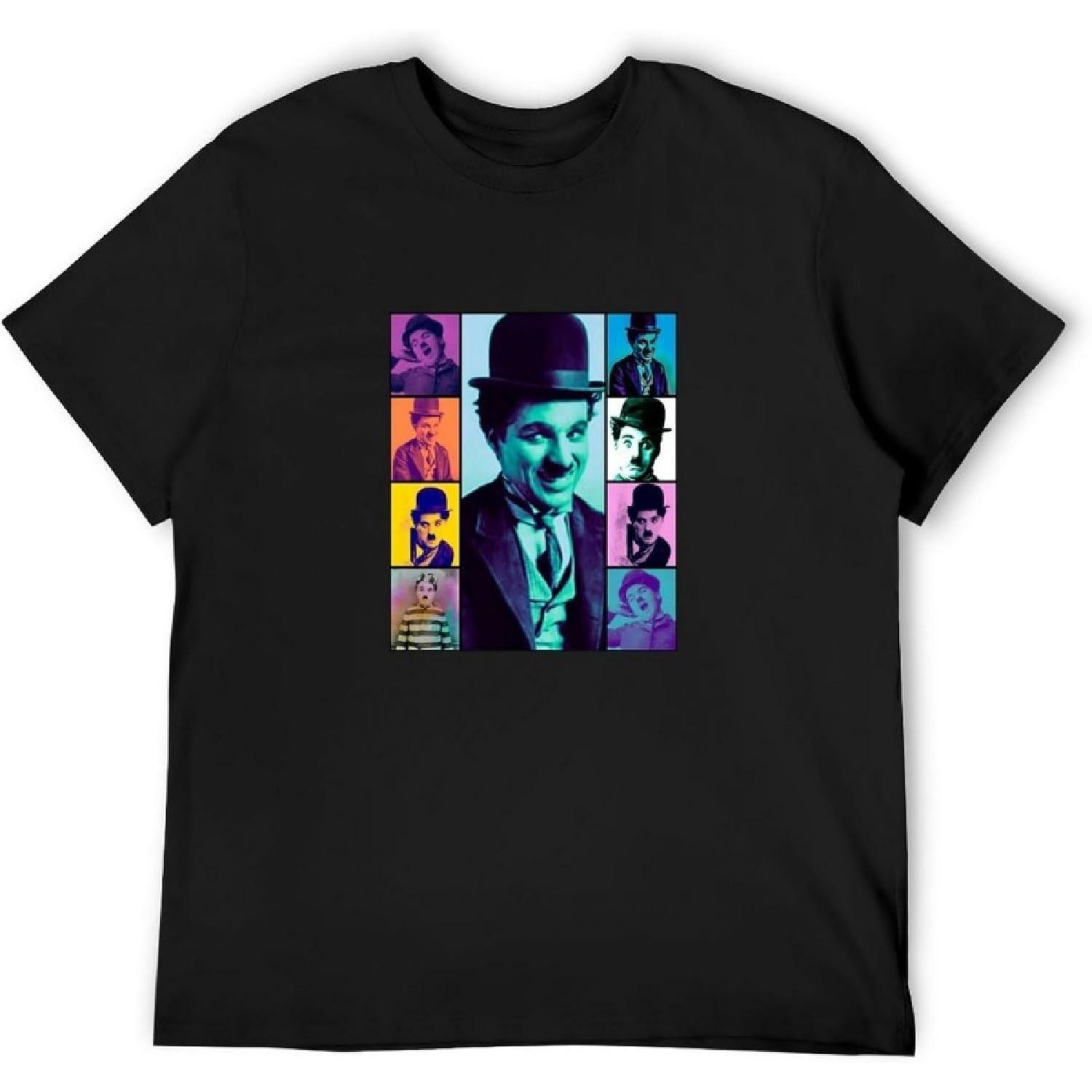 WANGJIA Chaplin Actor Individuality Charlie Smiles Mens Black T-Shirt Unisex Tee Clothing S