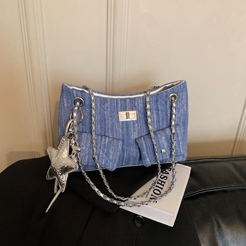 Retro Personalisierte Trendige Denim-Tasche, Kleine Duftige Rauten-Kette, Unterarmtasche, Premium Große Tragetasche, Ausländischer Stil.