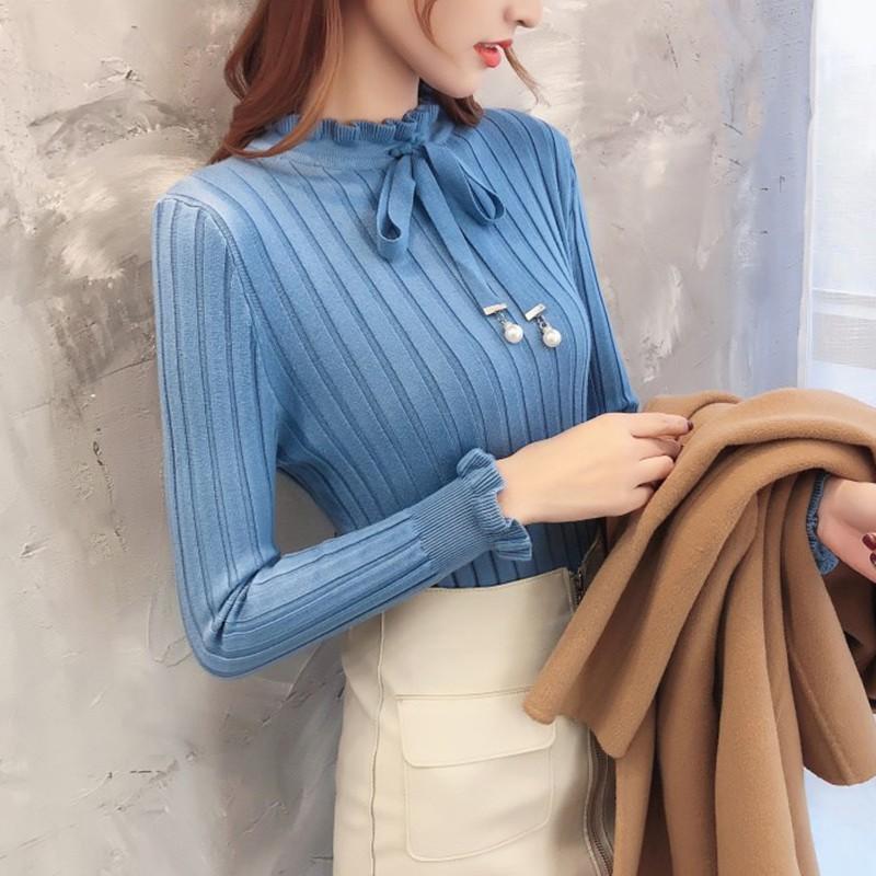 Women Autumn Winter Solid Color Slim Long-Sleeved High Collar Slim Bottom Knit Sweater