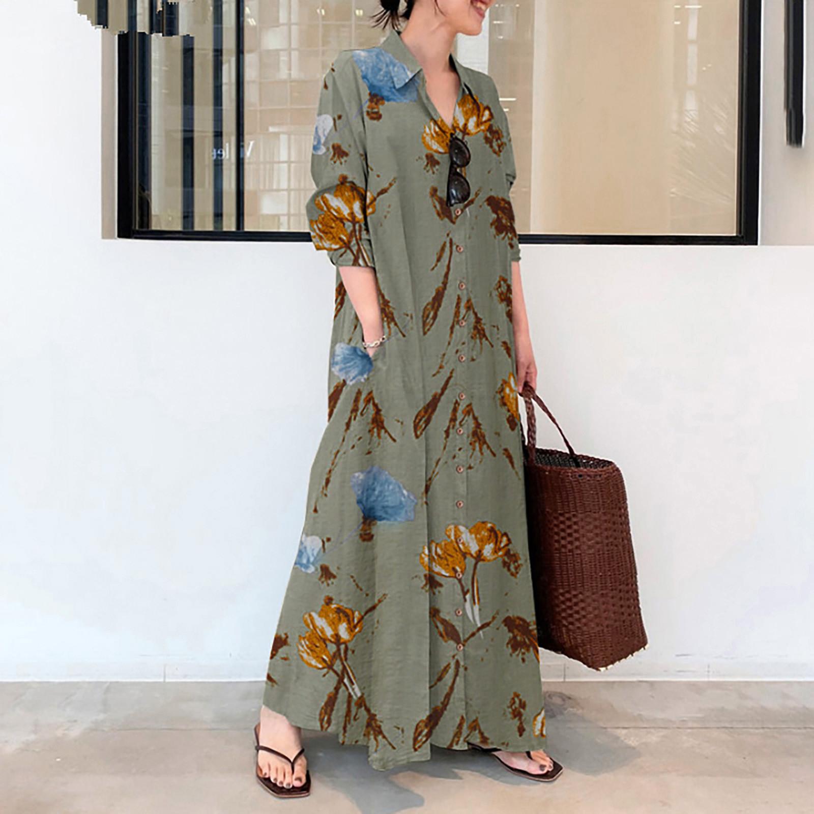 

Женское повседневное свободное длинное платье-рубашка из хлопка и льна с принтом