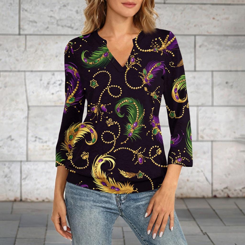 Women's 3/4 Sleeve Top With Cuffed Hem, V-Neck, Summer Casual -Shirt, Carnival Printed Top