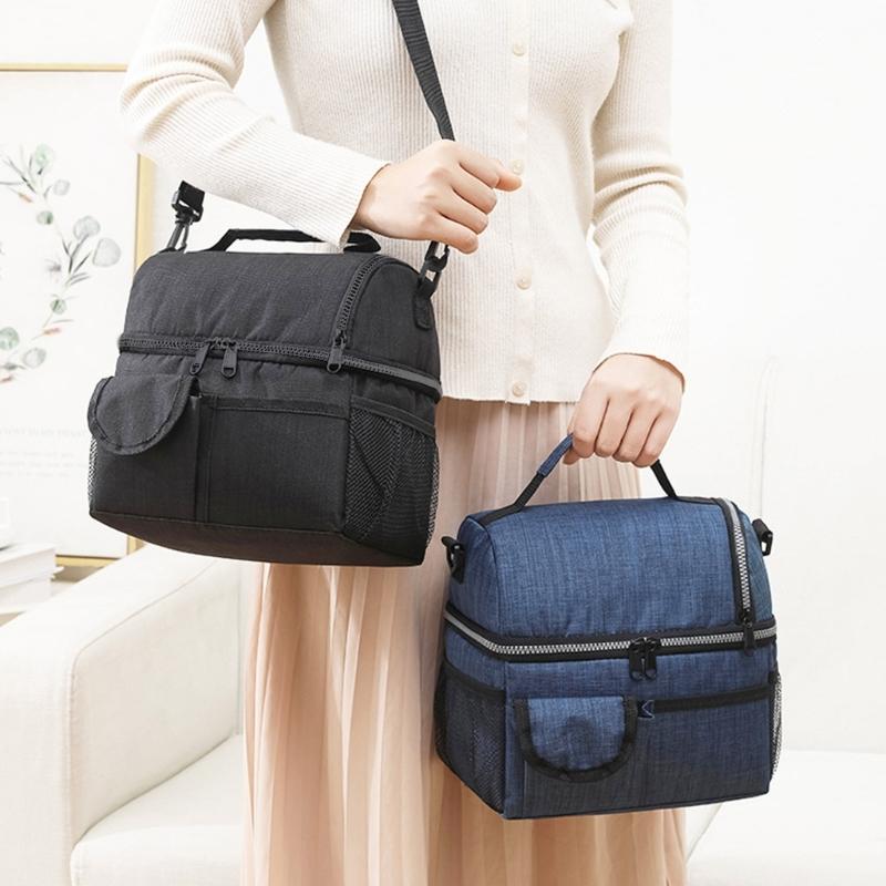 Thermal Lunch Bag with Double Compartments Insulated Cool Bag Waterproof Oxford Fabric for Office School Camping