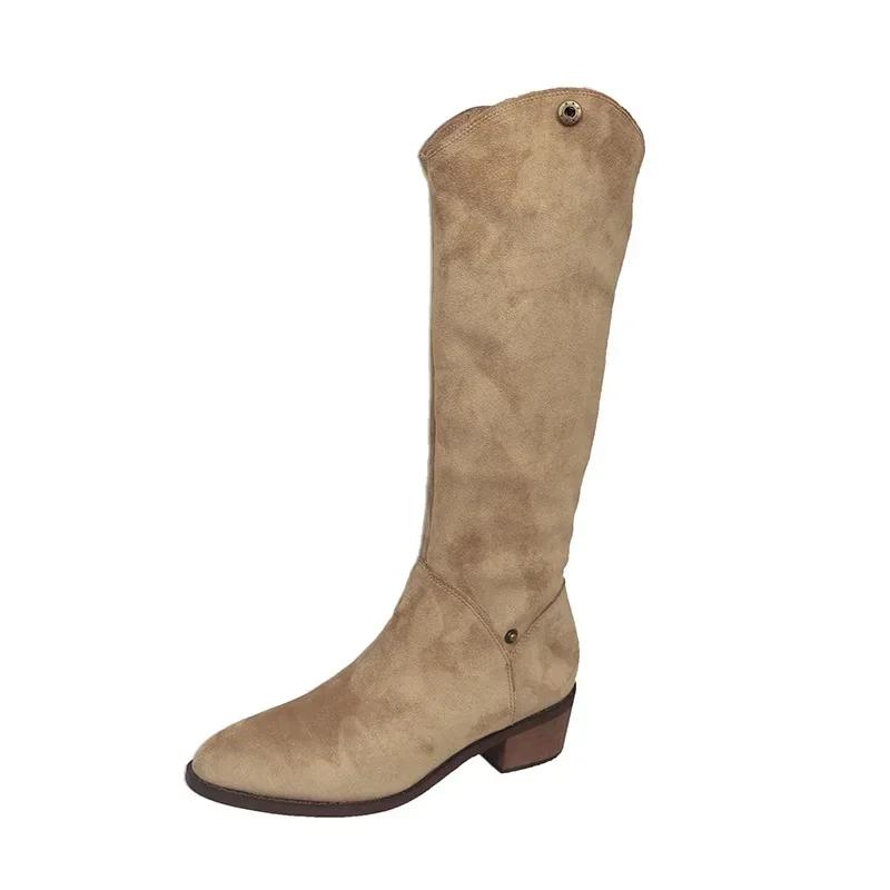 Zwei Trageweisen Faux-Wildleder Lange Reitstiefel Western Cowboy Stiefel V-Ausschnitt Damen Schuhe PU-Leder Baumwollfutter Mid-Calf Stiefel