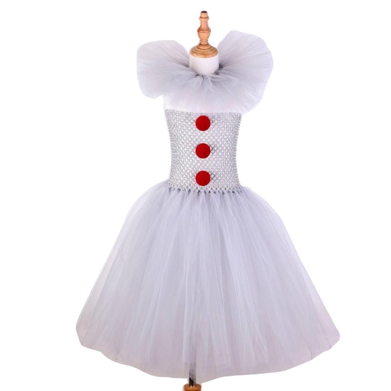3Pcs Kids Girls Scary Halloween Clown Costume Clown Cosplay Costume Dress Gloves Red Hairpin Clown Makeup Kit Gifts