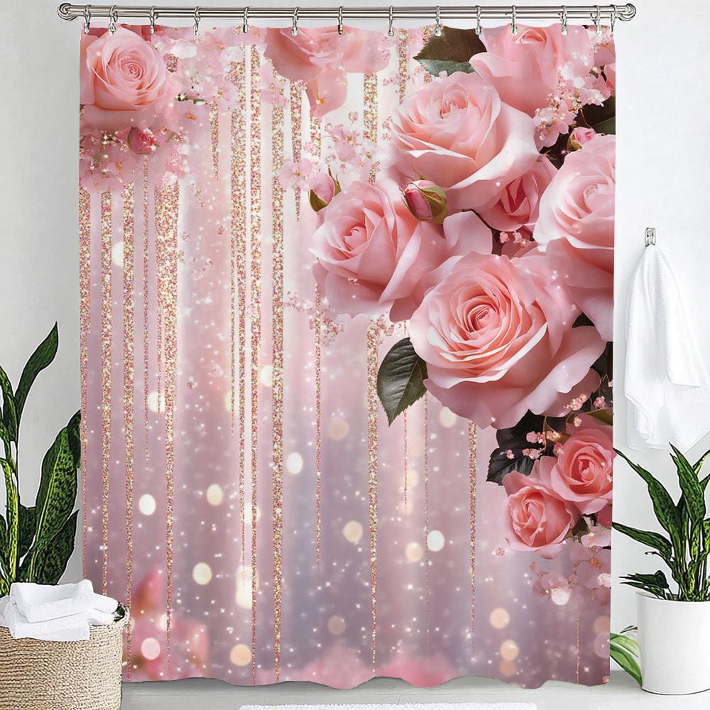Rosa Blumen Duschvorhang für Damen, Braut, Hochzeit, Rosa Blumen, Romantisch, Geeignet für Mädchen, Hängender Vorhang Mit Haken