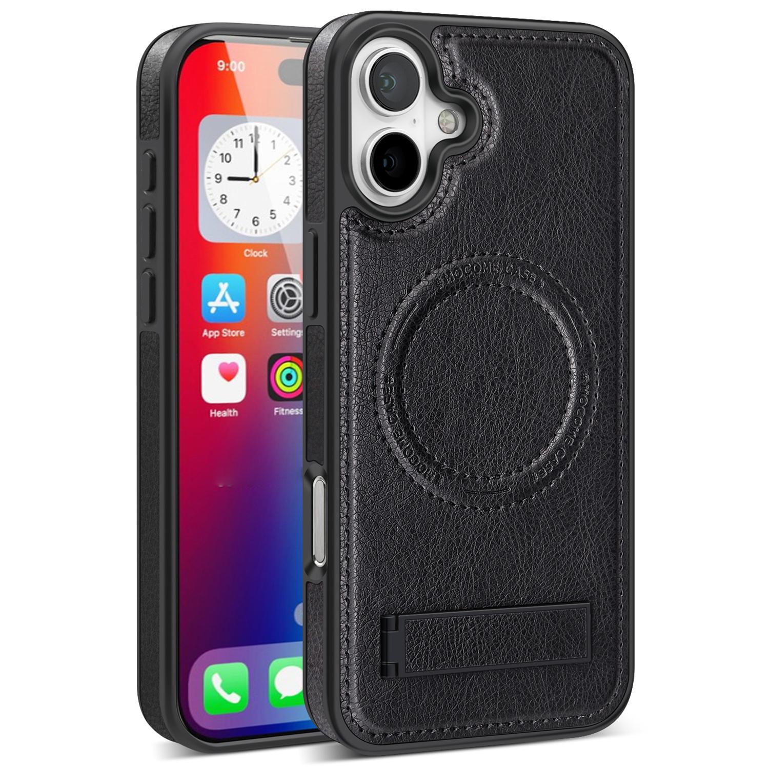 

For iPhone 16 Magnetic Case Leather Kickstand Phone Cover Compatible with MagSafe