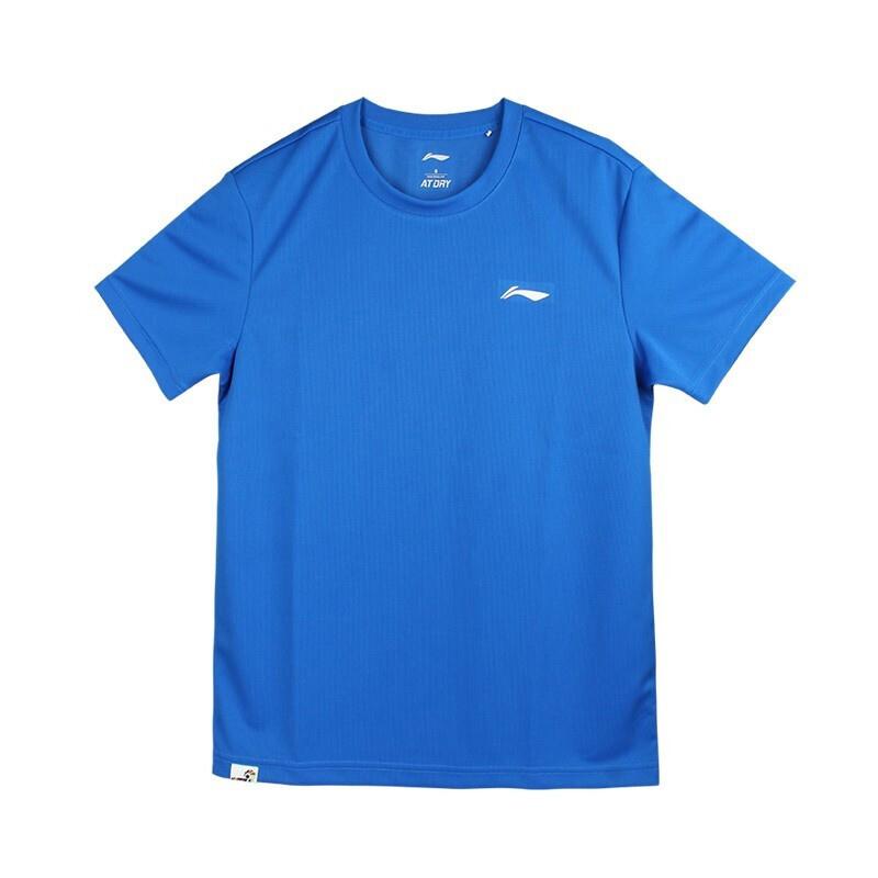 Li Ning Badminton Series Solid Color Lightweight Sports Casual Breathable Comfortable Short Sleeve Badminton Shirt Men tops Blue AHSR791-3