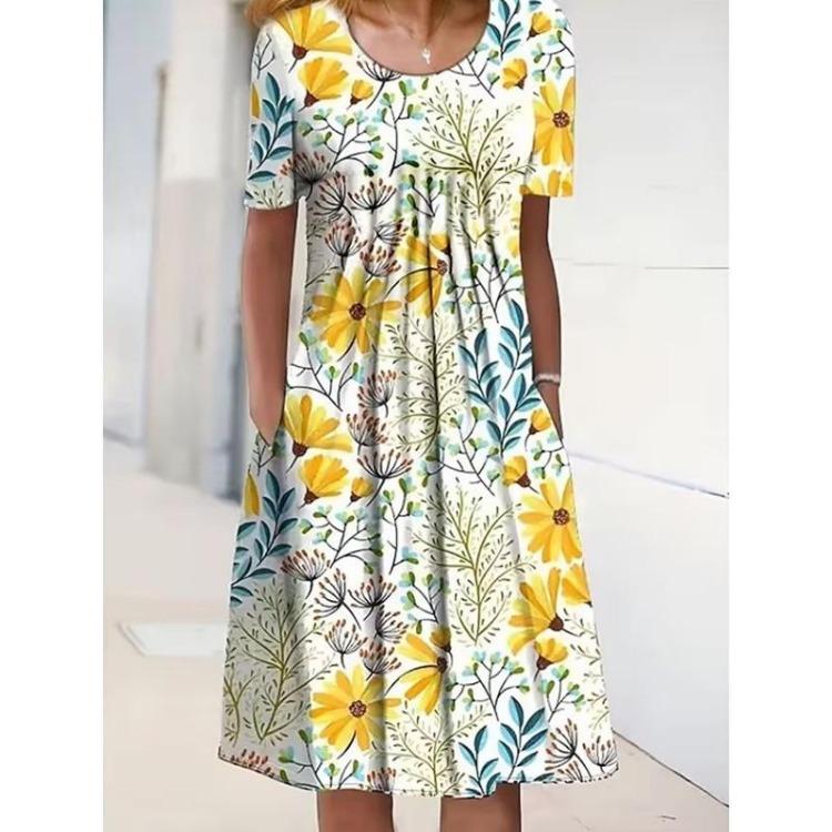 Floral Print Midi Dress with Pockets for Spring Summer