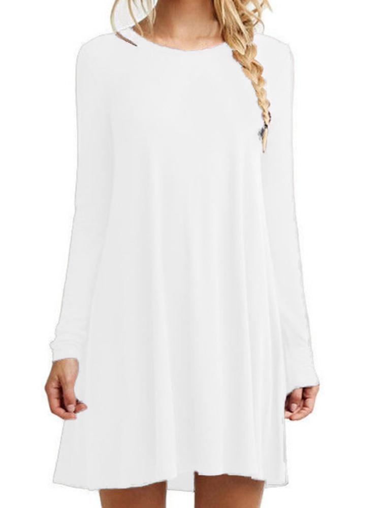 Women Long Sleeve Pleated Swing Loose Dress Women Solid Color Round Neck Casual Dress