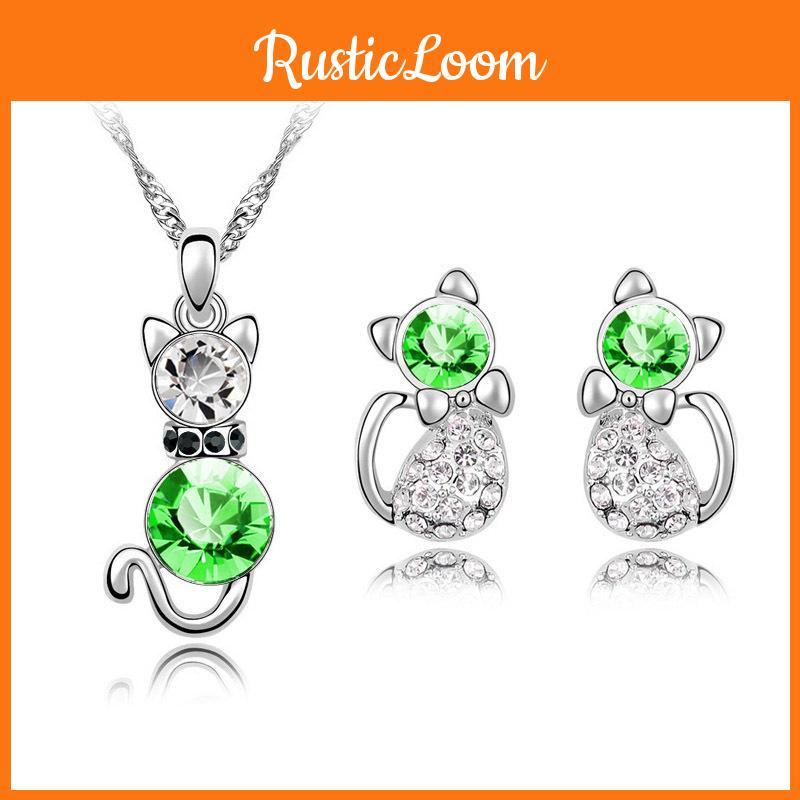 Cat Crystal 3pcs Shaped Necklace Earrings Jewelry Set  Gift Teen Girls Women For